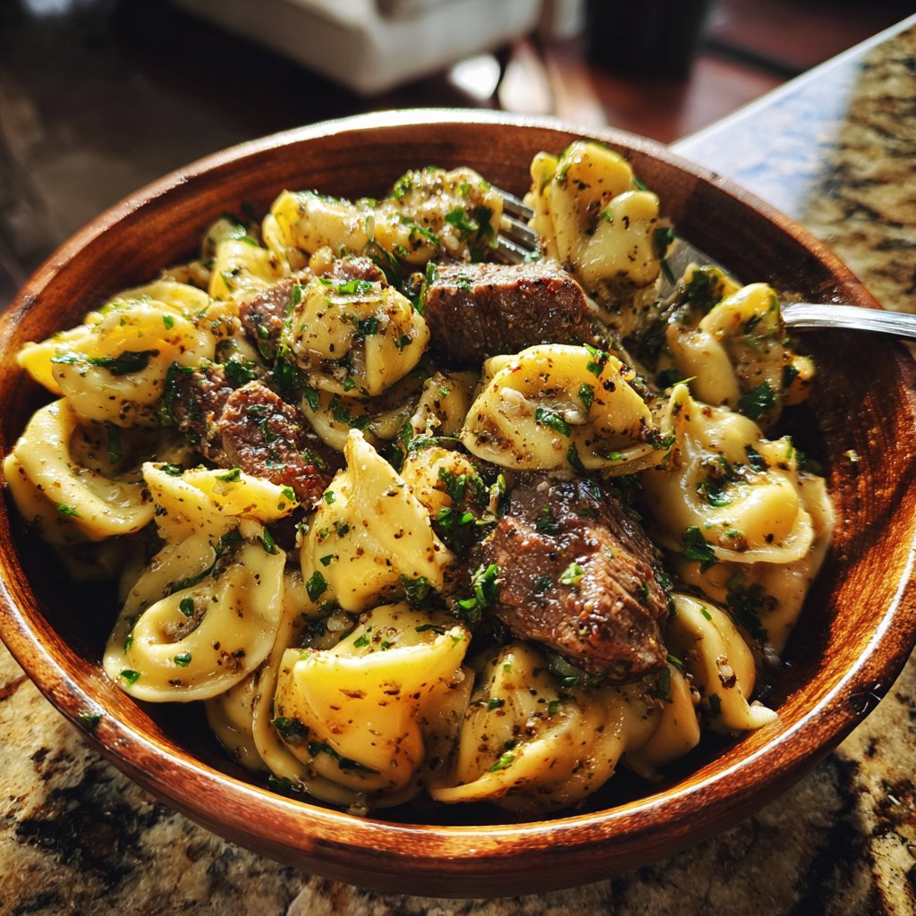 Garlic Steak Tortellini with Garlic Herb Wine Sauce