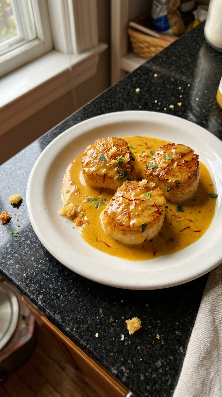 Saffron Cream Seared Scallops