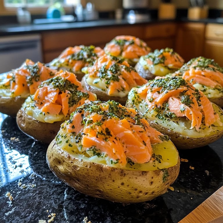Loaded Baked Potatoes with Herb Cream and Smoked Salmon